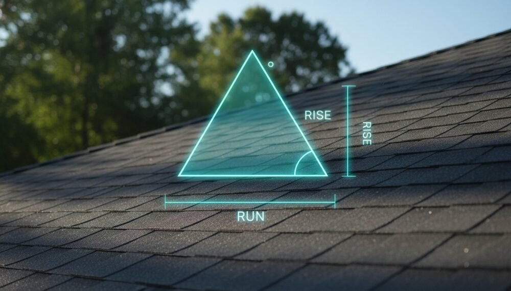 Visualization of a roof pitch calculator displaying slope ratios, angles, and rafter dimensions