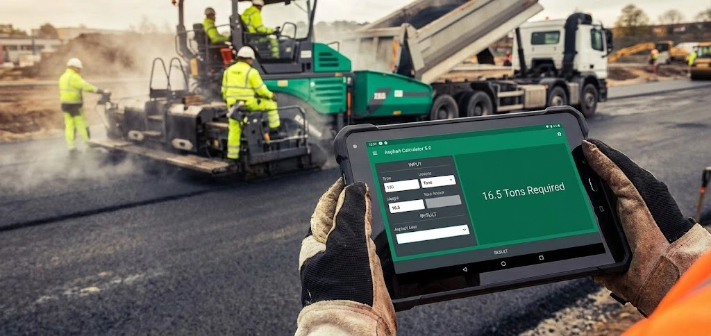 Professional Asphalt Calculator tool interface displaying tonnage and volume estimation data